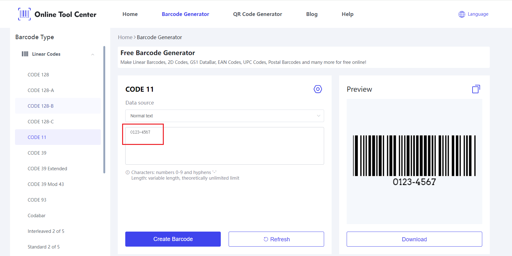 Dati di input su Code 11 Barcode Generator.png