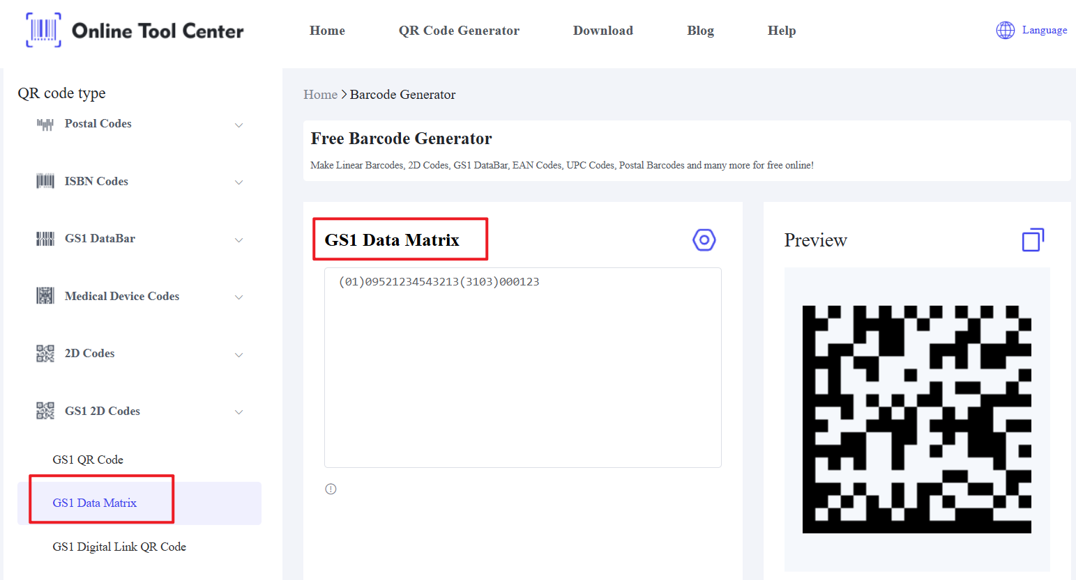 Generatore di codici a barre GS1 Data Matrix