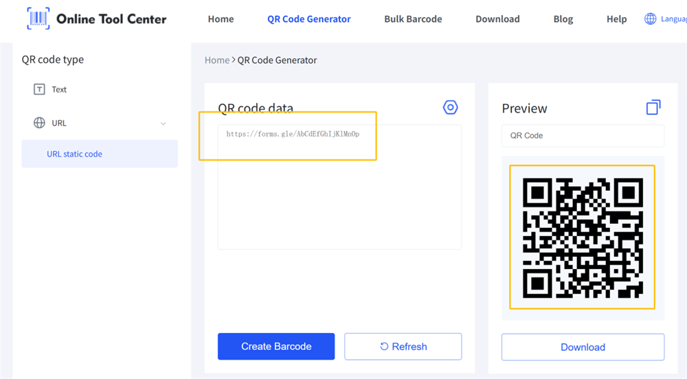 fare codice QR per il modulo di registrazione